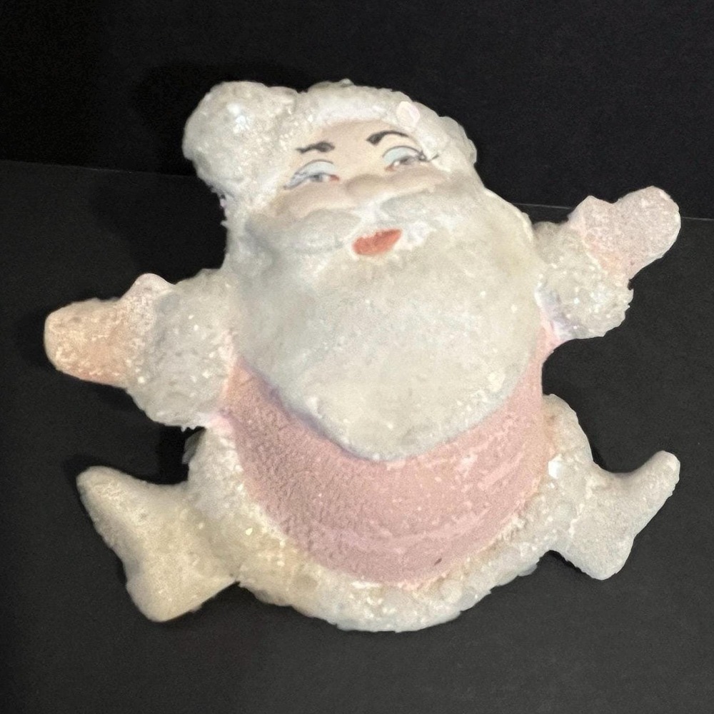VTG Pink Santa Claus Christmas Ceramic Flocked in Glitter RARE Cat Eyes Signed